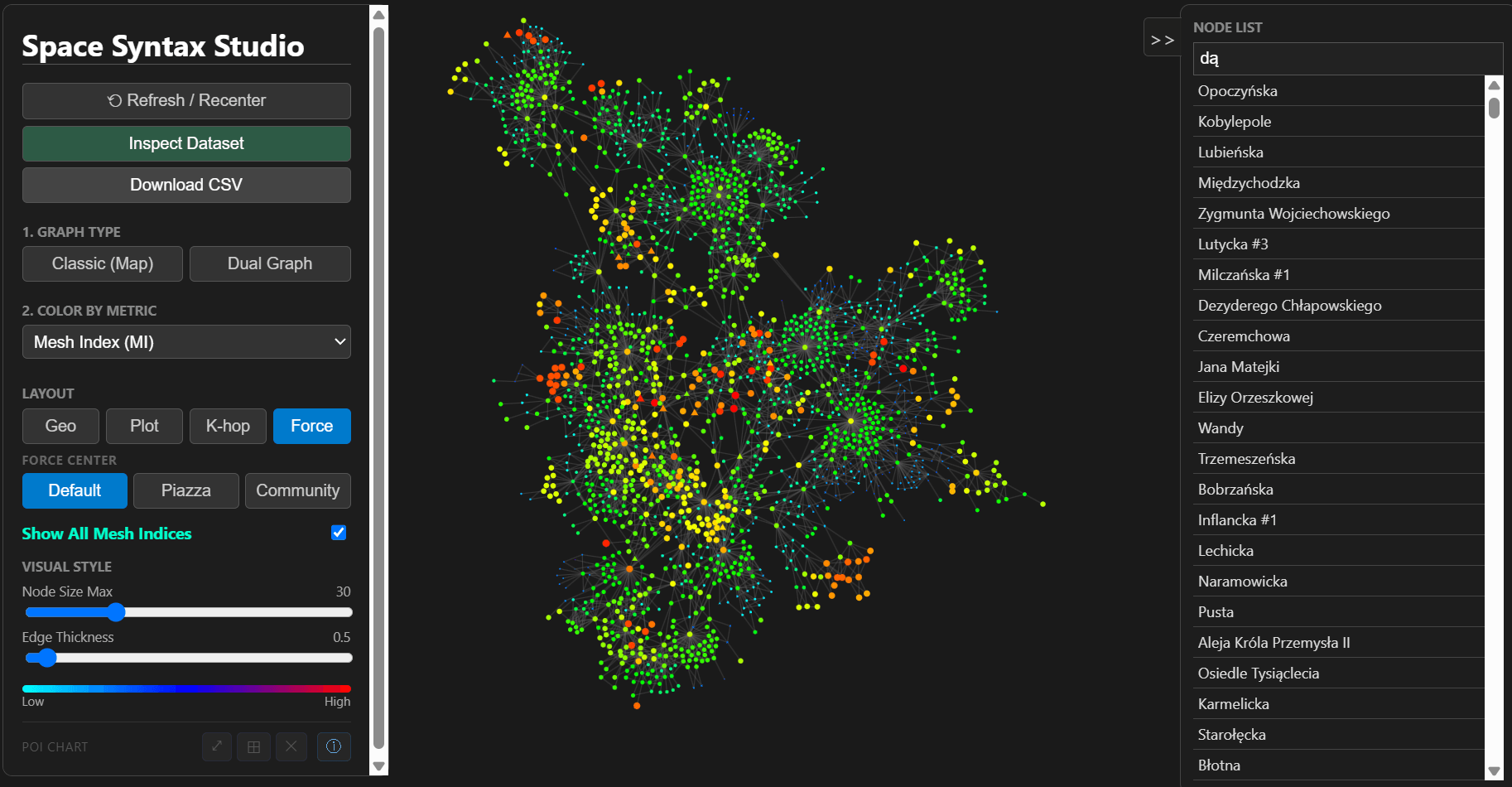 Space Syntax Studio — force-directed network graph with community structure