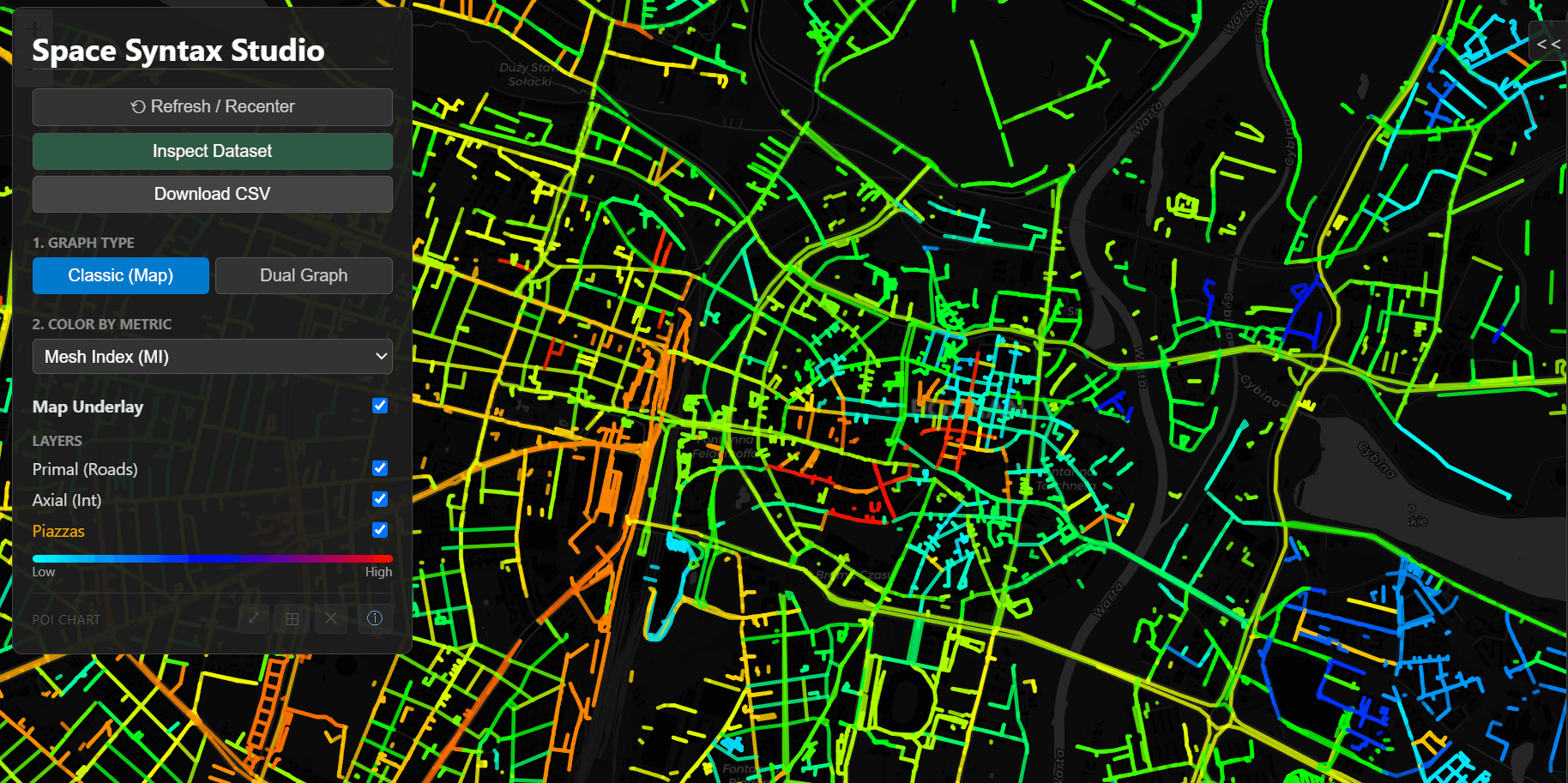 Space Syntax Studio — Poznań street network coloured by Mesh Index metric