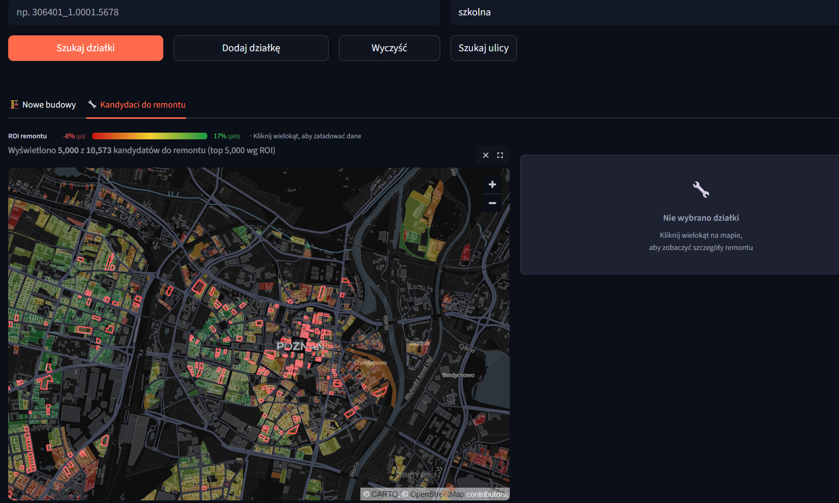 Mesh Index Terminal — renovation-candidate ROI map across Poznań (Kandydaci do remontu)