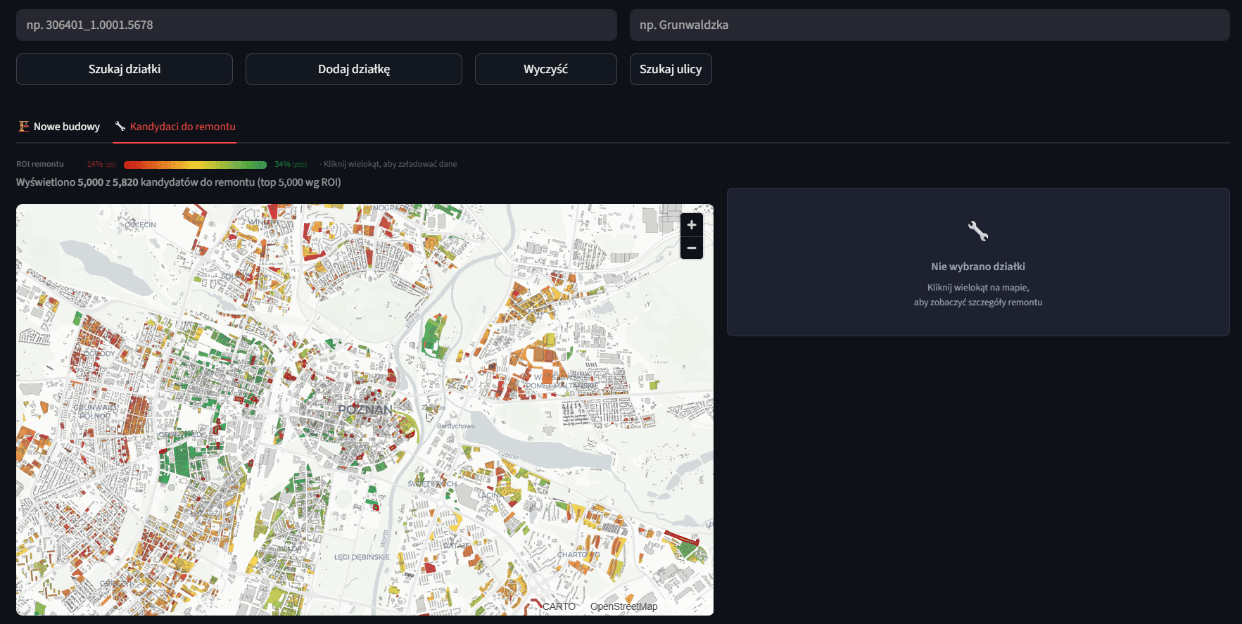 Mesh Index Terminal — renovation candidate ROI heat-map across Poznań